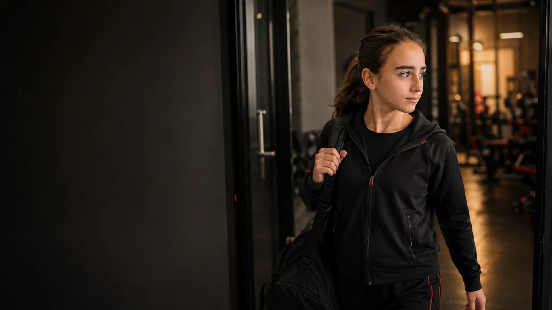 Arianna entra in palestra con la borsa sportiva