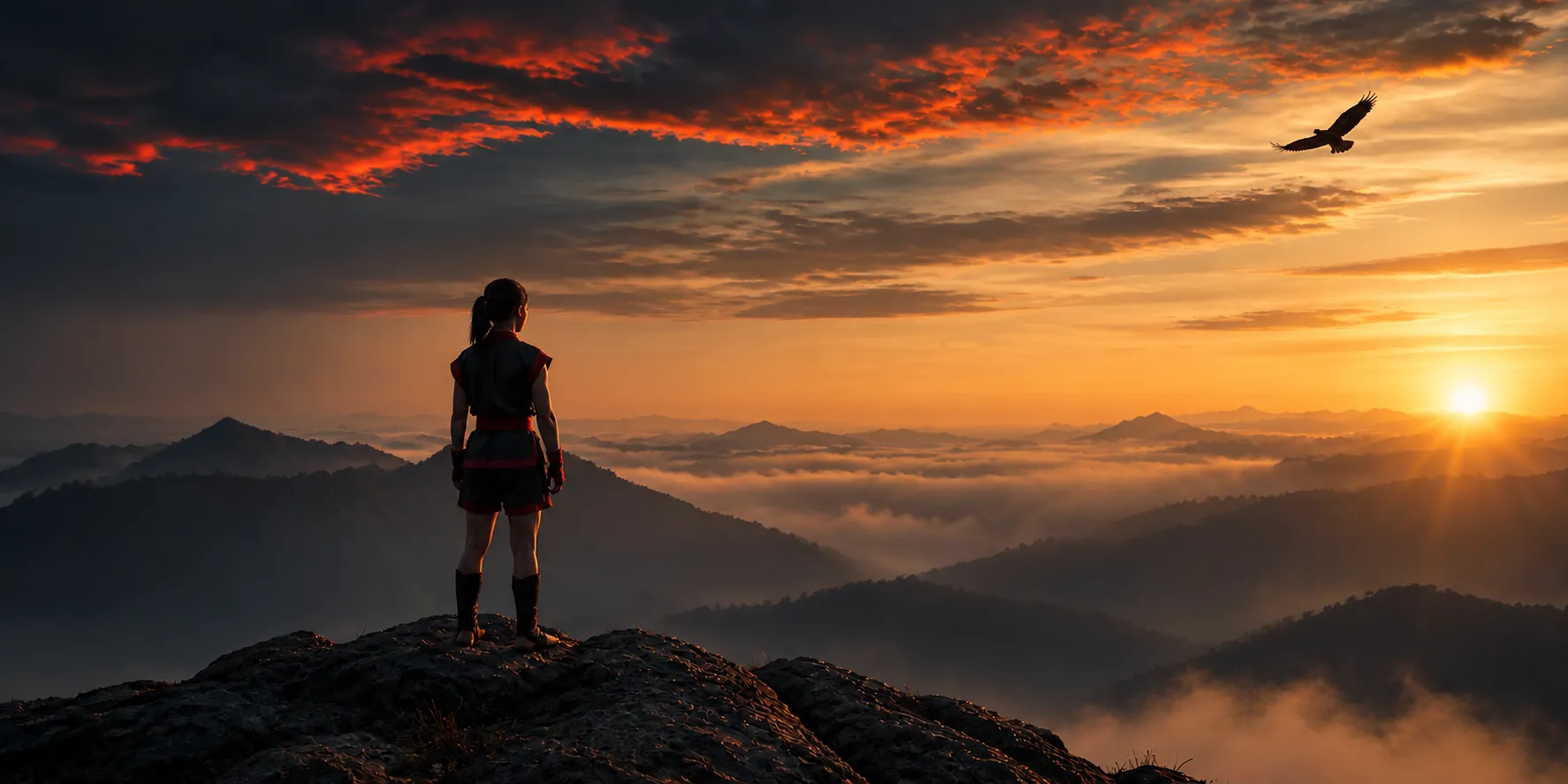 Una giovane atleta osserva le montagne al tramonto mentre un’aquila vola in lontananza