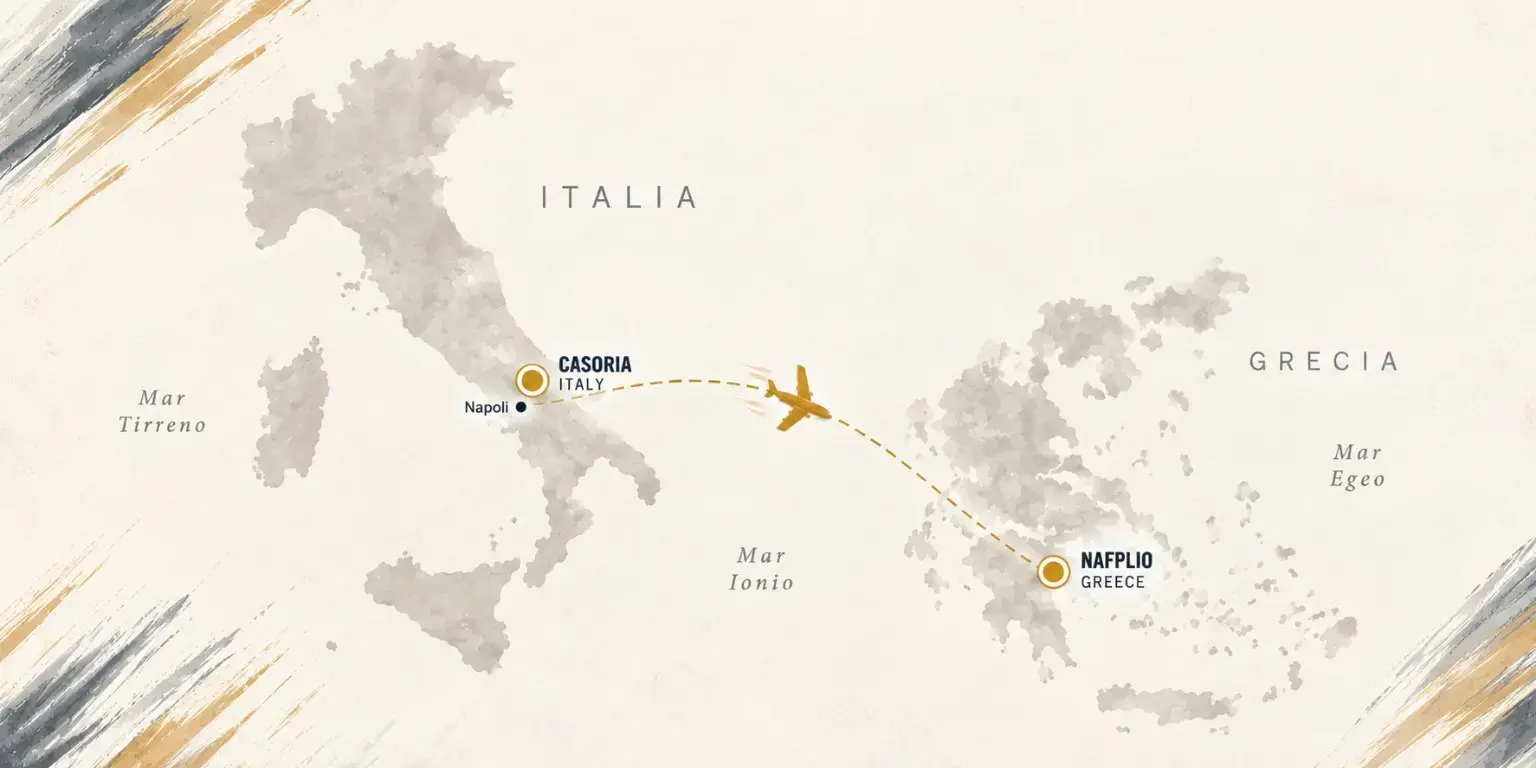 Mappa stilizzata del percorso da Casoria a Nafplio.